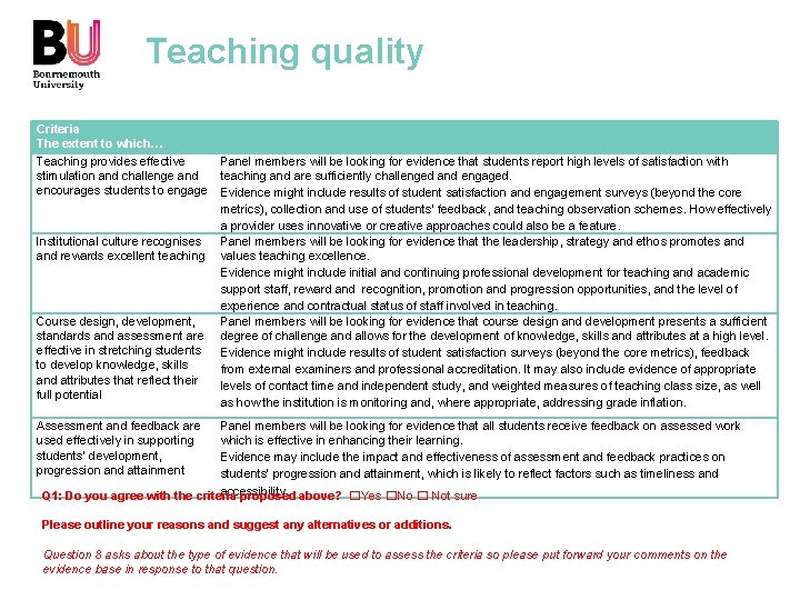 Teaching quality Criteria The extent to which… Teaching provides effective stimulation and challenge and