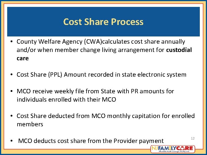 Cost Share Process • County Welfare Agency (CWA)calculates cost share annually and/or when member Cost Share Process • County Welfare Agency (CWA)calculates cost share annually and/or when member