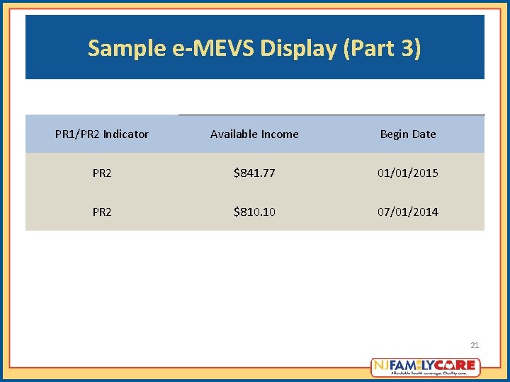 Sample e-MEVS Display (Part 3) PR 1/PR 2 Indicator Available Income Begin Date PR Sample e-MEVS Display (Part 3) PR 1/PR 2 Indicator Available Income Begin Date PR