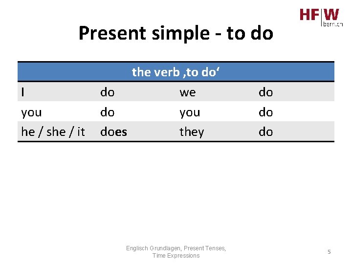 Present simple - to do I you he / she / it the verb