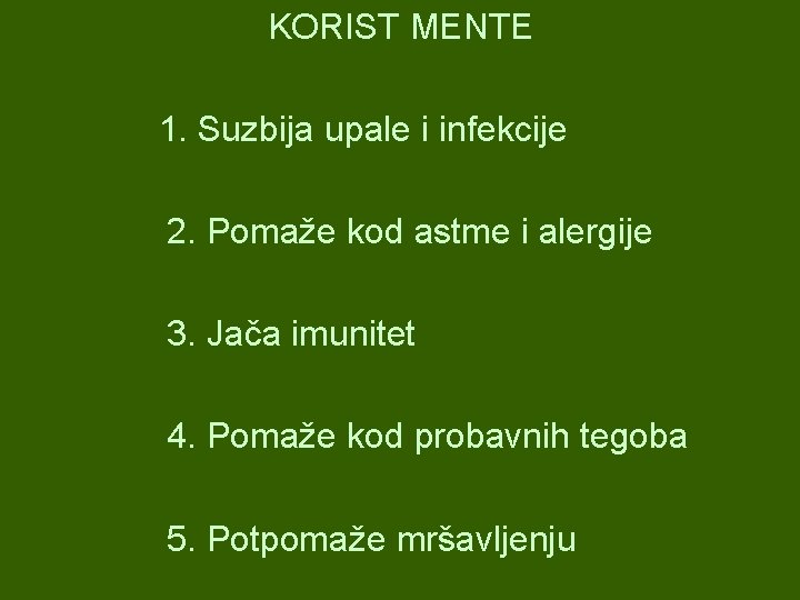 KORIST MENTE 1. Suzbija upale i infekcije 2. Pomaže kod astme i alergije 3.