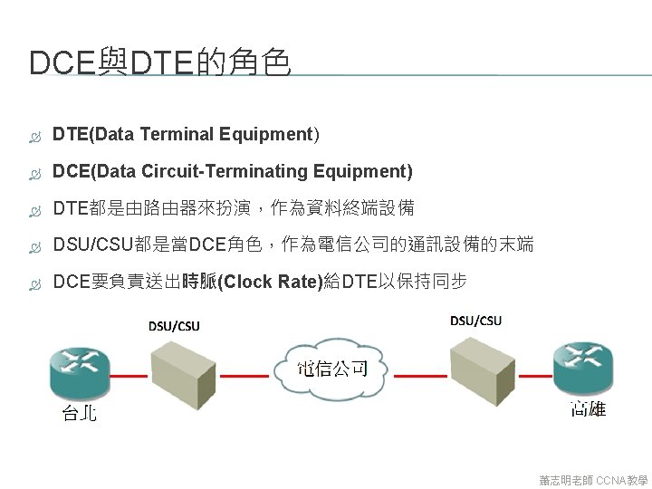 DCE與DTE的角色 DTE(Data Terminal Equipment) DCE(Data Circuit-Terminating Equipment) DTE都是由路由器來扮演，作為資料終端設備 DSU/CSU都是當DCE角色，作為電信公司的通訊設備的末端 DCE要負責送出時脈(Clock Rate)給DTE以保持同步 蕭志明老師 CCNA教學 