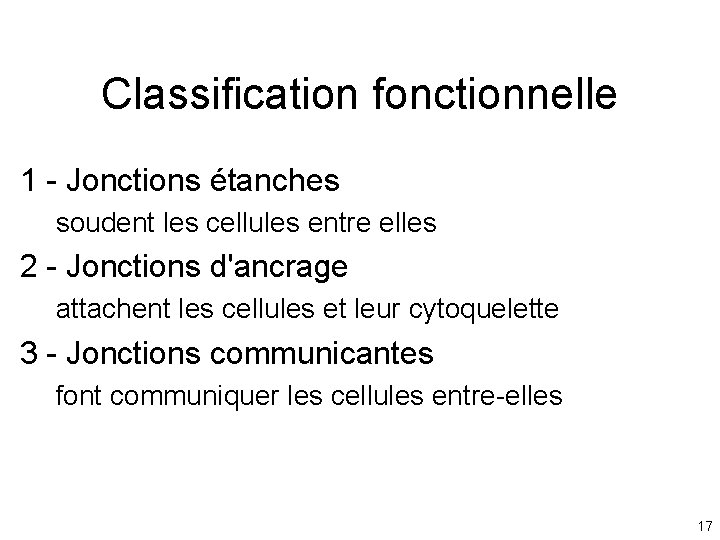 Classification fonctionnelle 1 - Jonctions étanches soudent les cellules entre elles 2 - Jonctions Classification fonctionnelle 1 - Jonctions étanches soudent les cellules entre elles 2 - Jonctions