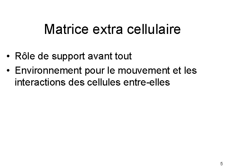Matrice extra cellulaire • Rôle de support avant tout • Environnement pour le mouvement Matrice extra cellulaire • Rôle de support avant tout • Environnement pour le mouvement