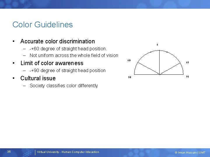 Color Guidelines • Accurate color discrimination – -+60 degree of straight head position. –