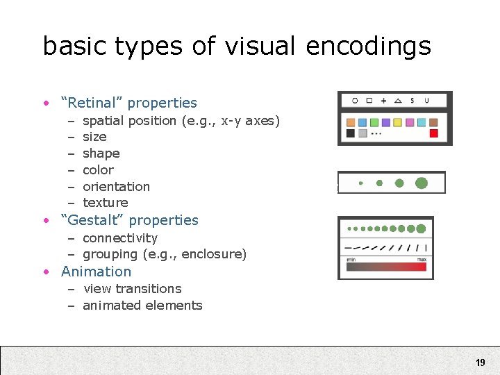 basic types of visual encodings • “Retinal” properties – – – spatial position (e.