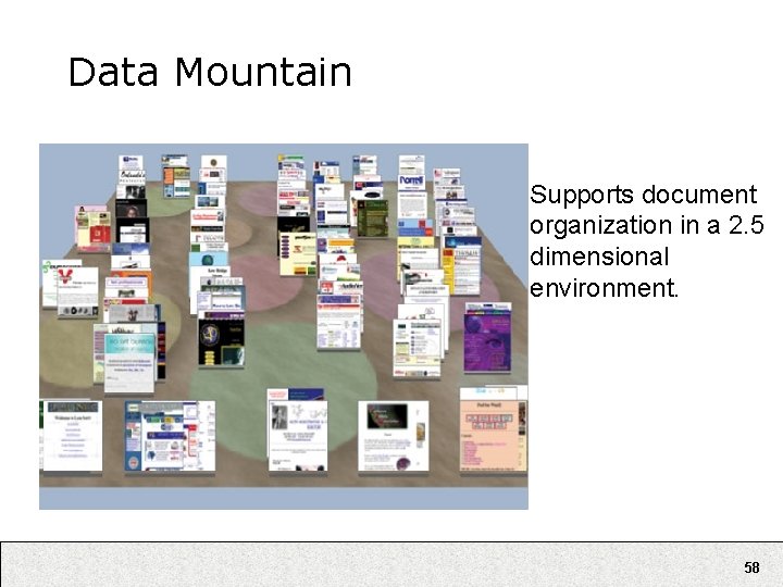 Data Mountain Supports document organization in a 2. 5 dimensional environment. 58 
