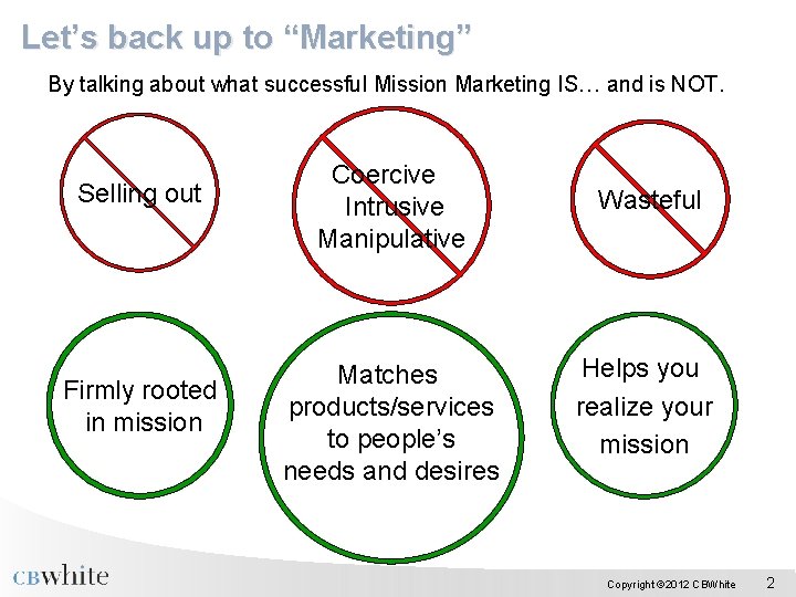 Let’s back up to “Marketing” By talking about what successful Mission Marketing IS… and
