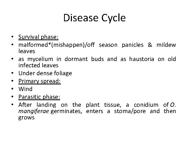 Disease Cycle • Survival phase: • malformed*(mishappen)/off season panicles & mildew leaves • as