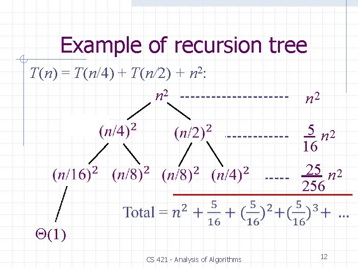 Example of recursion tree T(n) = T(n/4) + T(n/2) + n 2: n 2