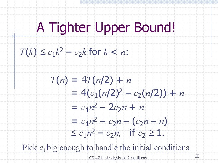 A Tighter Upper Bound! T(k) c 1 k 2 – c 2 k for