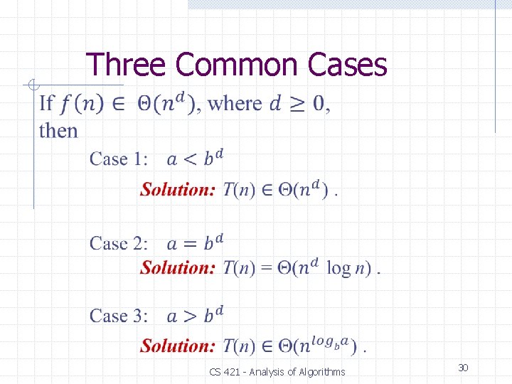 Three Common Cases CS 421 - Analysis of Algorithms 30 