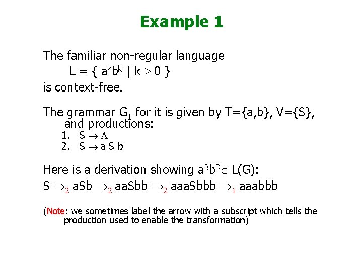 Example 1 The familiar non-regular language L = { a kb k | k