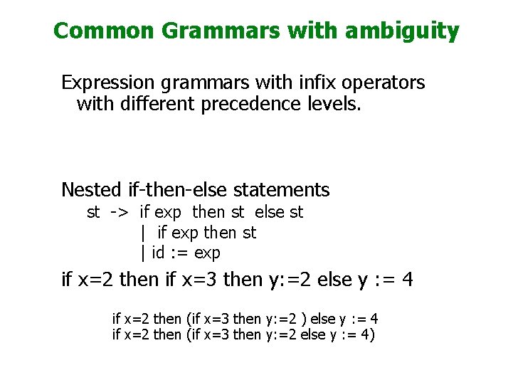 Common Grammars with ambiguity Expression grammars with infix operators with different precedence levels. Nested