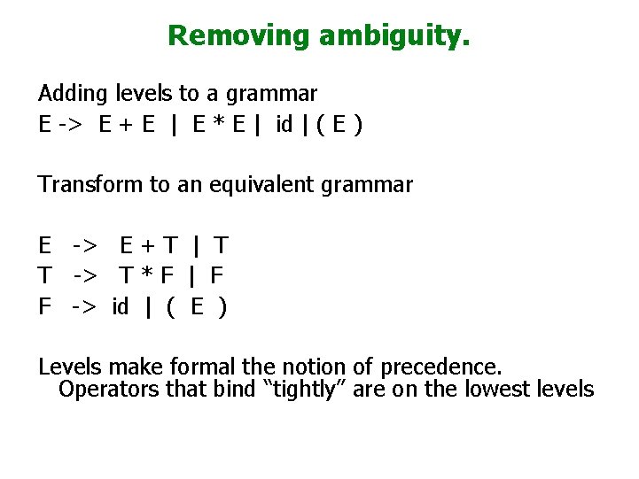 Removing ambiguity. Adding levels to a grammar E -> E + E | E