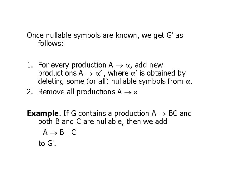 Once nullable symbols are known, we get G' as follows: 1. For every production