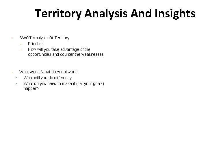 Territory Analysis And Insights • SWOT Analysis Of Territory • Priorities • How will