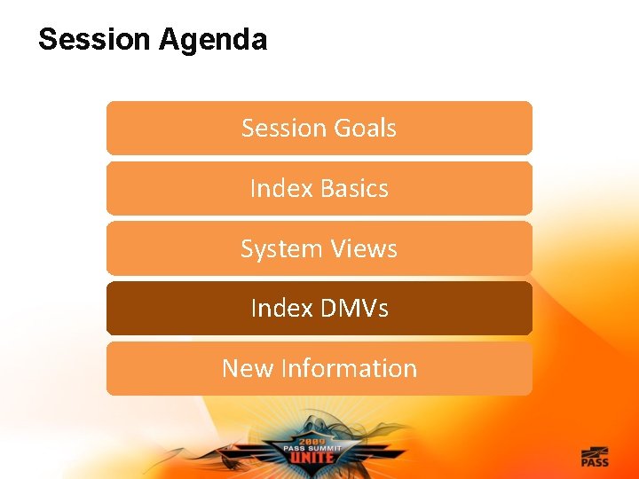 Session Agenda Session Goals Index Basics System Views Index DMVs New Information 