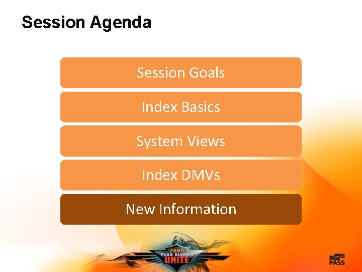 Session Agenda Session Goals Index Basics System Views Index DMVs New Information 