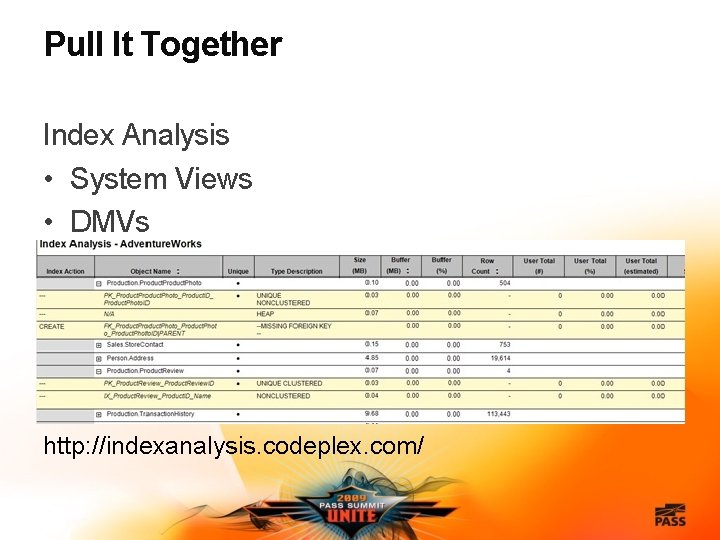Pull It Together Index Analysis • System Views • DMVs http: //indexanalysis. codeplex. com/
