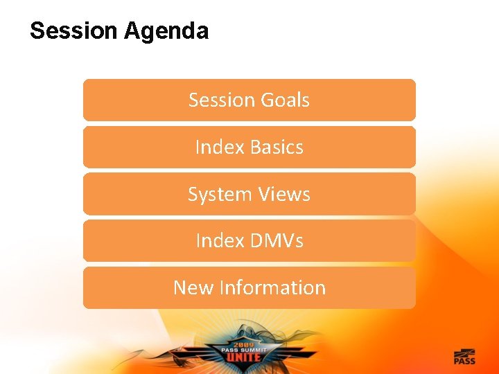 Session Agenda Session Goals Index Basics System Views Index DMVs New Information 