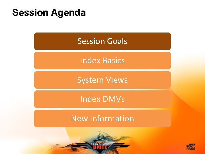 Session Agenda Session Goals Index Basics System Views Index DMVs New Information 