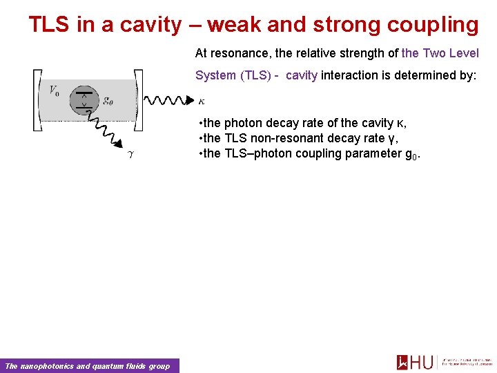 TLS in a cavity – weak and strong coupling At resonance, the relative strength