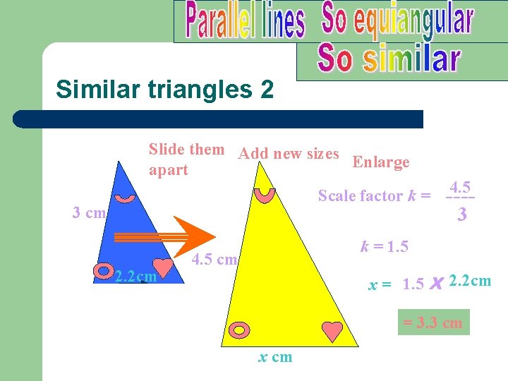 Similar triangles 2 Slide them Add new sizes Enlarge apart Scale factor k =