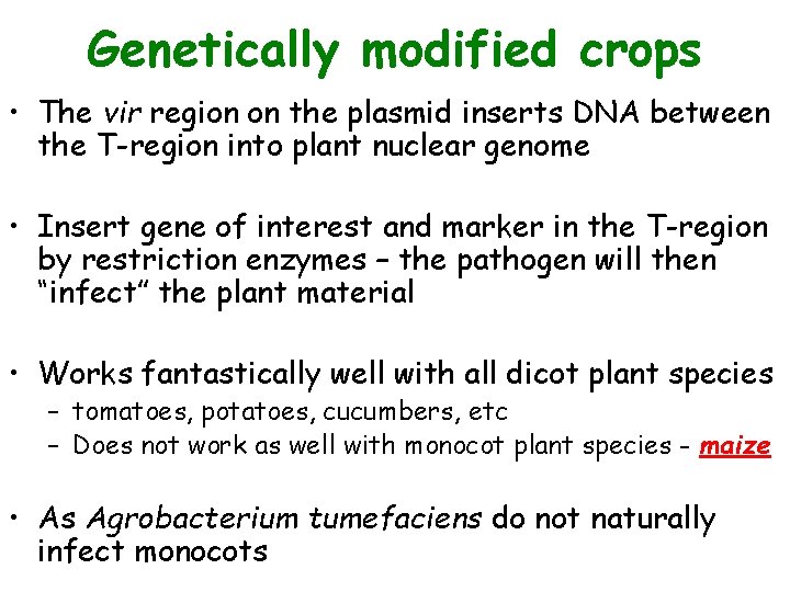 Genetically modified crops • The vir region on the plasmid inserts DNA between the