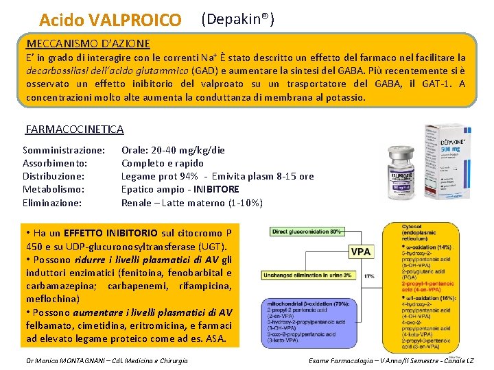Acido VALPROICO (Depakin®) MECCANISMO D’AZIONE E’ in grado di interagire con le correnti Na+