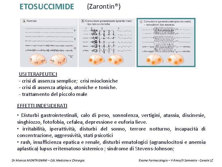 ETOSUCCIMIDE (Zarontin®) USI TERAPEUTICI - crisi di assenza semplice; crisi miocloniche - crisi di