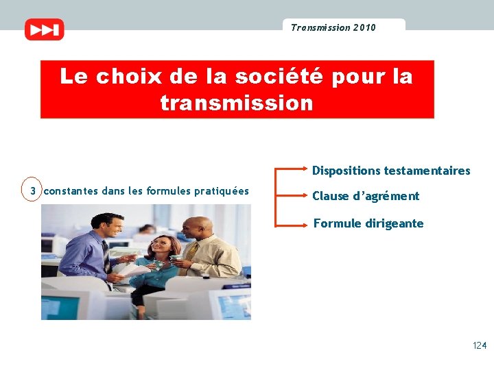 Transmission 2010 2009 Transmission Le choix de la société pour la transmission Dispositions testamentaires