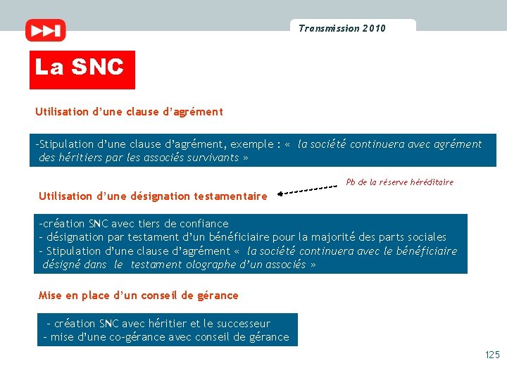Transmission 2010 2009 Transmission La SNC Utilisation d’une clause d’agrément -Stipulation d’une clause d’agrément,