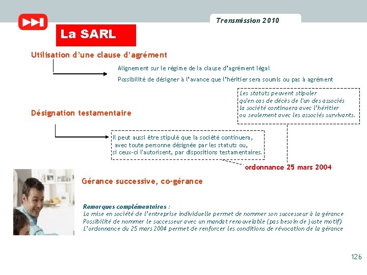 Transmission 2010 2009 Transmission La SARL Utilisation d’une clause d’agrément Alignement sur le régime