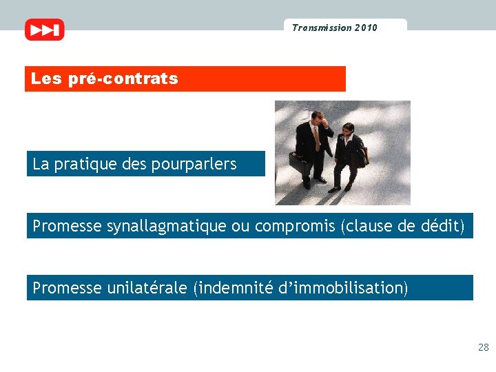 Transmission 2010 2009 Transmission Les pré-contrats La pratique des pourparlers Promesse synallagmatique ou compromis
