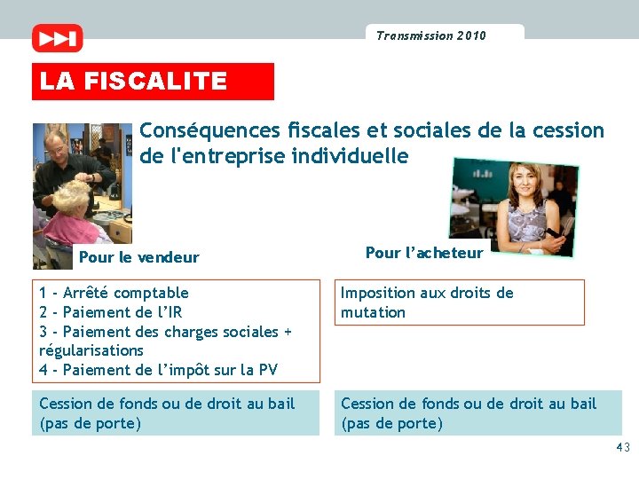 Transmission 2010 2009 Transmission LA FISCALITE Conséquences fiscales et sociales de la cession de
