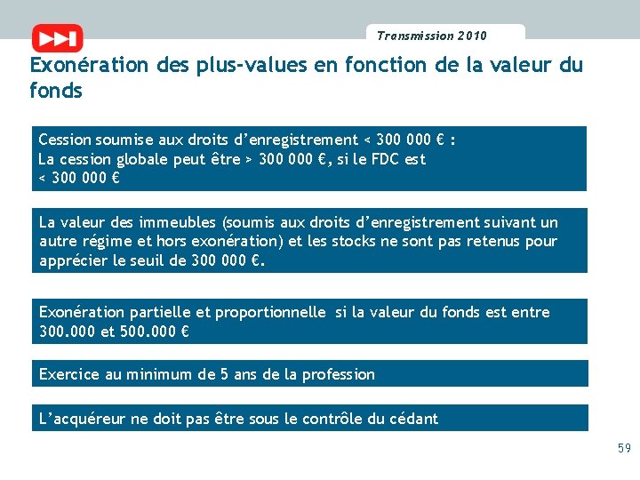Transmission 2010 2009 Transmission Exonération des plus-values en fonction de la valeur du fonds