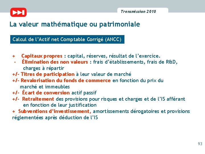 Transmission 2010 2009 Transmission La valeur mathématique ou patrimoniale Calcul de l’Actif net Comptable