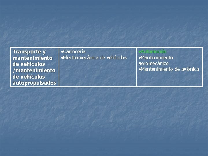  • Carrocería Transporte y • Electromecánica de vehículos mantenimiento de vehículos /mantenimiento de