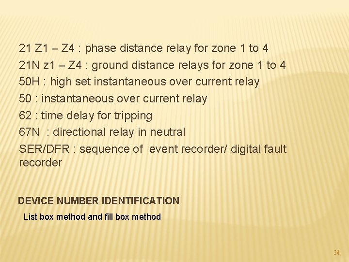 21 Z 1 – Z 4 : phase distance relay for zone 1 to