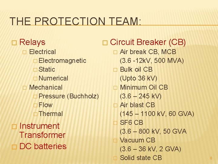 THE PROTECTION TEAM: � Relays � � Electrical � Electromagnetic � Static � Numerical