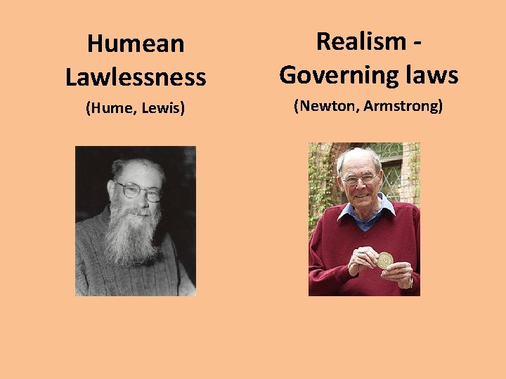Humean Lawlessness Realism Governing laws (Hume, Lewis) (Newton, Armstrong) 