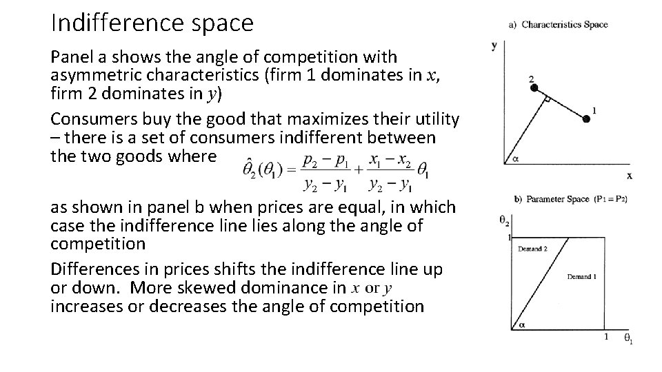 Indifference space Panel a shows the angle of competition with asymmetric characteristics (firm 1
