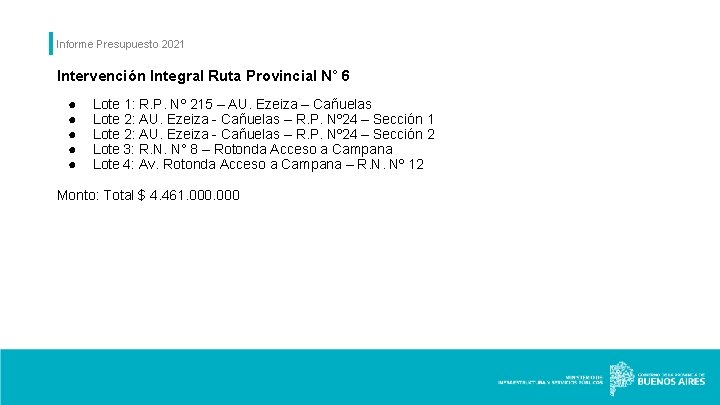 Informe Presupuesto 2021 Intervención Integral Ruta Provincial N° 6 ● ● ● Lote 1: