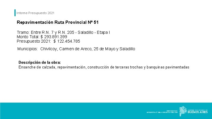 Informe Presupuesto 2021 Repavimentación Ruta Provincial Nº 51 Tramo: Entre R. N. 7 y