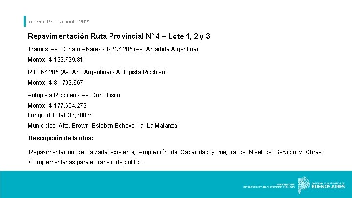 Informe Presupuesto 2021 Repavimentación Ruta Provincial N° 4 – Lote 1, 2 y 3