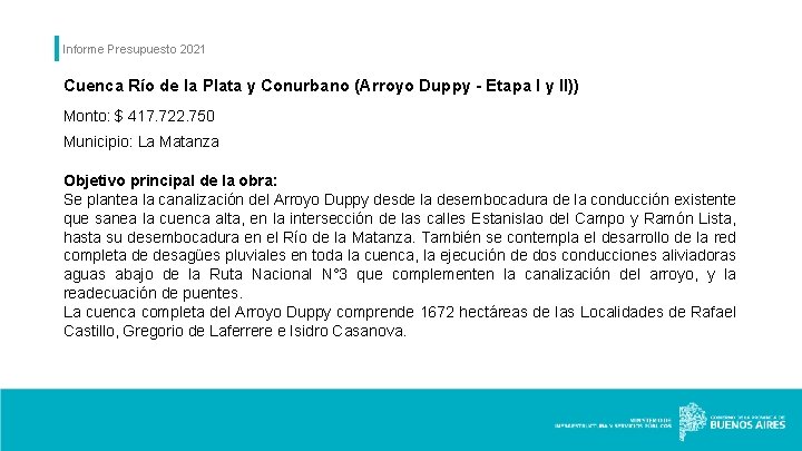 Informe Presupuesto 2021 Cuenca Río de la Plata y Conurbano (Arroyo Duppy - Etapa