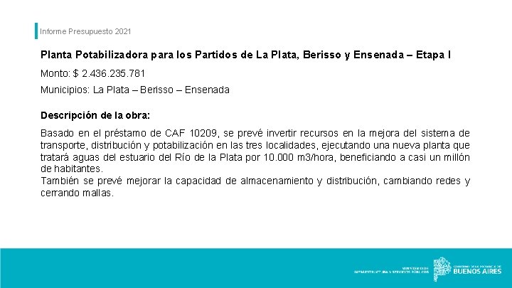 Informe Presupuesto 2021 Planta Potabilizadora para los Partidos de La Plata, Berisso y Ensenada