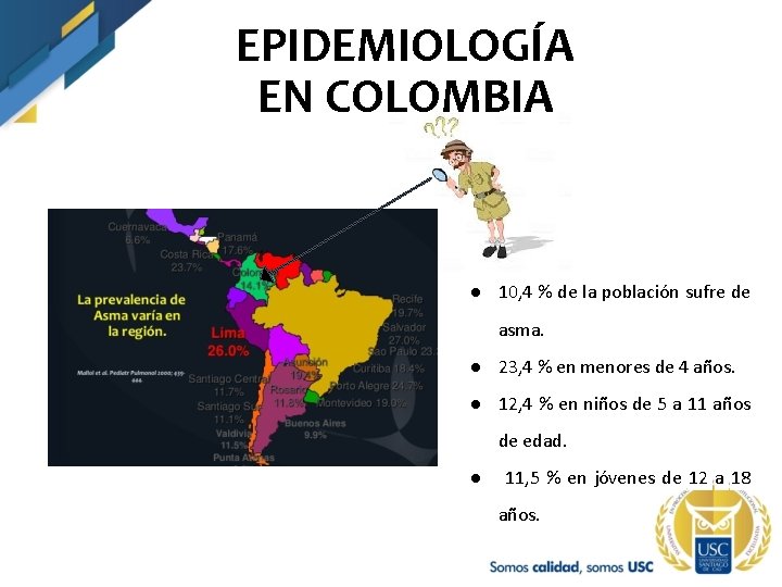 EPIDEMIOLOGÍA EN COLOMBIA ● 10, 4 % de la población sufre de asma. ●