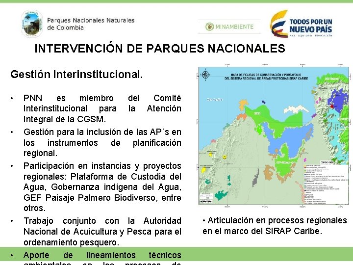 INTERVENCIÓN DE PARQUES NACIONALES Gestión Interinstitucional. • • • PNN es miembro del Comité